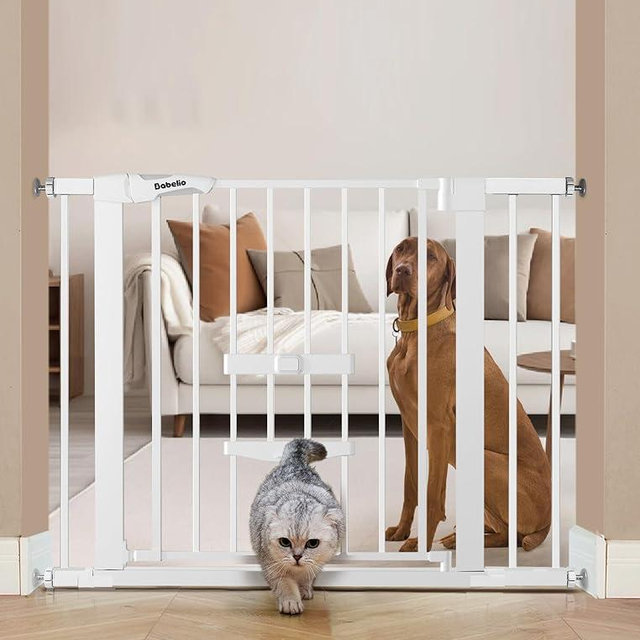 BABELIO New Version Baby Gate with Cat Door Adjustable,29-40" Metal Pet Door for Stairs & Doorways,Pressure Mounted,No Tools Needed,White