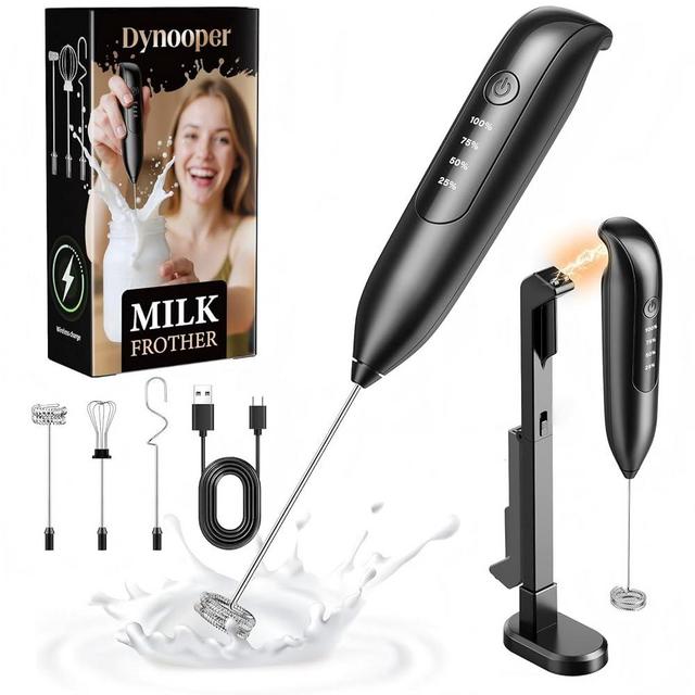 Dynooper Electric Milk Frother Handheld: Rechargeable 3 Heads 3 Speeds Portable Stainless Steel Drink Foam Mixer with LED Digital Display for Milk Coffee, Lattes, Cappuccino, Matcha