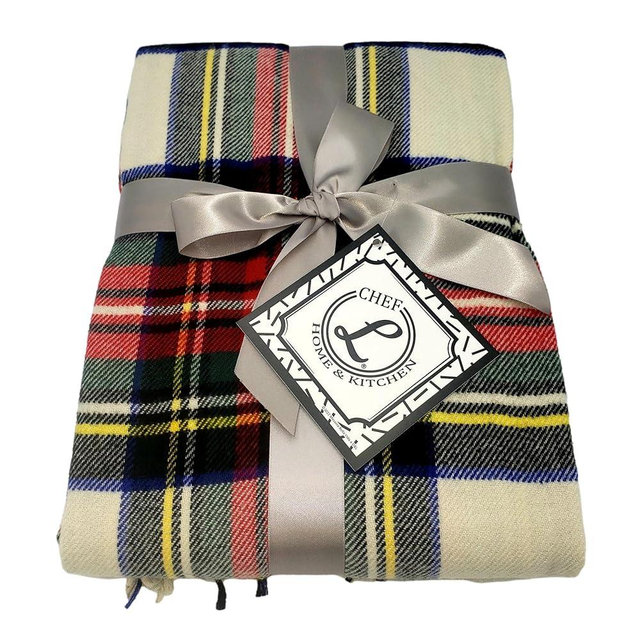 CHEF L HOME & KITCHEN Lightwight Throw Red/Ivory Plaid with Tassels/Fringe- 60" x 50"