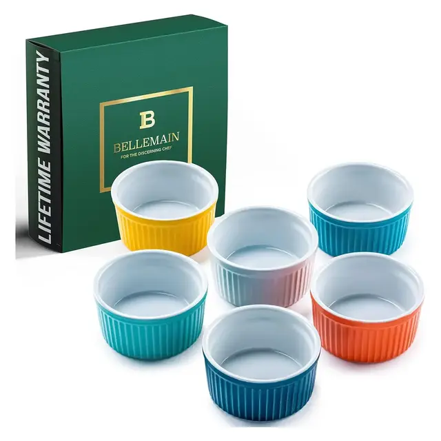 Bellemain 4oz Porcelain Mini Bowls – Set of 6 Multi-Color Ramekins for Baking, Custard, Dips & More – Oven Safe to 500°F