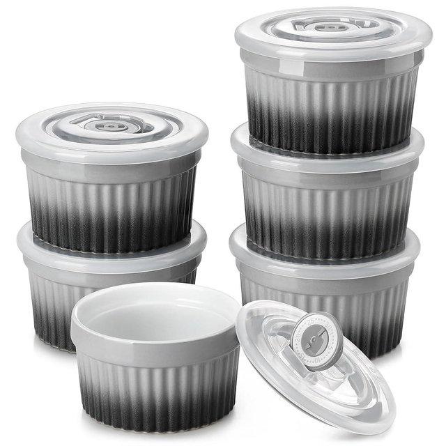 vancasso 8 oz Ramekins with Lid, Porcelain Creme Brulee Souffle Dishes, Grey Pudding Custard Cups Ramiken for Baking, Dishwasher and Oven Safe, Set of 6