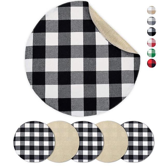 Senneny Round Placemats Set of 6 - Buffalo Plaid Placemats - Reversible Cotton and Burlap Placemats for Round Tables - Farmhouse Placemats for Dining Table (Black and White)