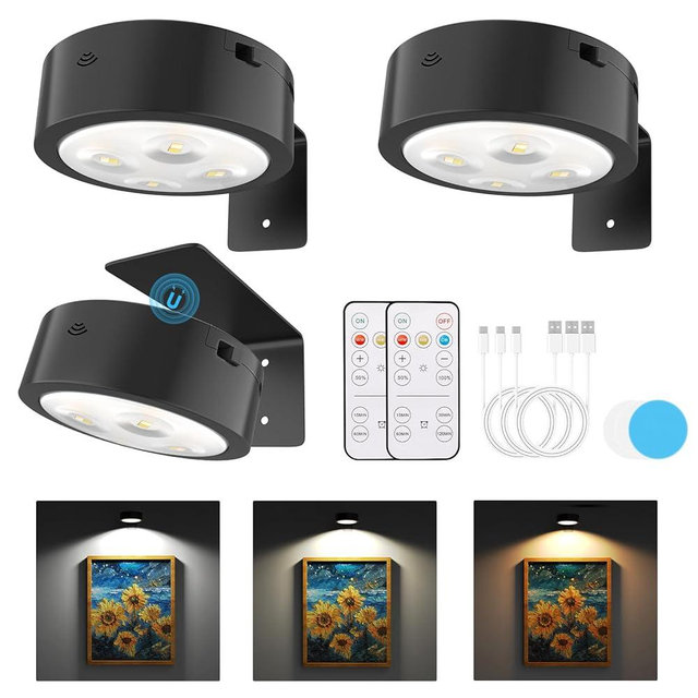 3 Pack Picture Lights for Wall, Rechargeable Battery Operated wall lights, Picture Frame lights with 3 Lighting Modes, Wireless Magnetic Painting Light with Remote Control Timer, (Black, 3 Pack)