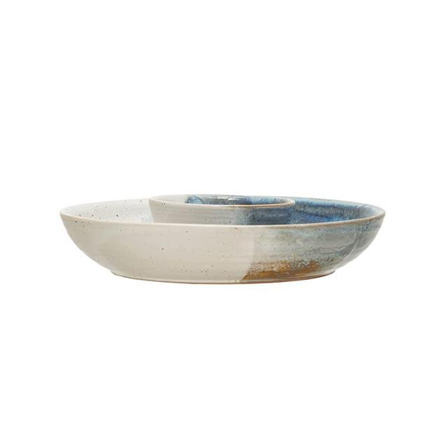 Bloomingville Hand-Painted Stoneware, Reactive Glaze, Each One Will Vary Chip and Dip Bowl, 9" L x 9" W x 2" H, Multicolor