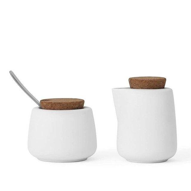 Viva Nicola White Sugar and Creamer Set, Porcelain Coffee and Tea Serving Set - Cream Pitcher and Sugar Bowl with Cork Lid and Metal Spoon, 7oz / 200ml Milk and Sugar for Coffee Bar