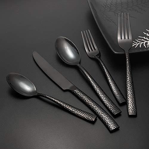 Kelenfer Flatware Set 20 Piece Black Stainless Steel Cutlery Set Forged with Hammered Handle Service for 4
