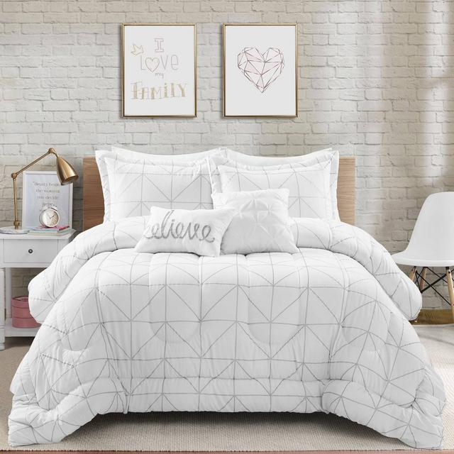 Full/Queen 5pc Trio Geo Metallic Print Comforter & Sham Set Light Gray/Silver - Lush Décor