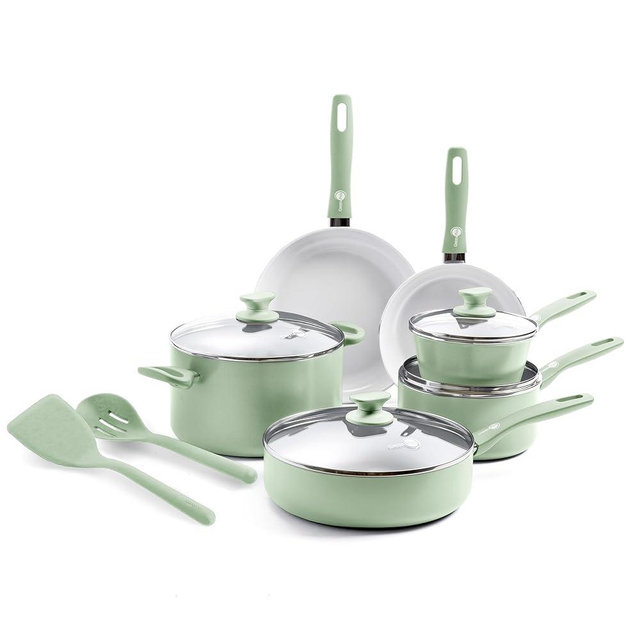 GreenPan Dover Healthy Ceramic Nonstick, 12 Piece Cookware Pots and Pans Set, PFAS-Free, Dishwasher Safe, Comfort Grip Handle, Pastel Green