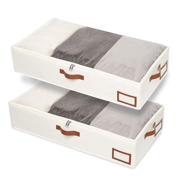 Yawinhe Under Bed Storage Containers, 2 Pack Under Bed Clothes Organizer with Sturdy Zipper, Clear Window and Reinforced Handles, for Blanket, Comforter, Bedding, 23.62x11.8x6in, Beige SNH001BES-2