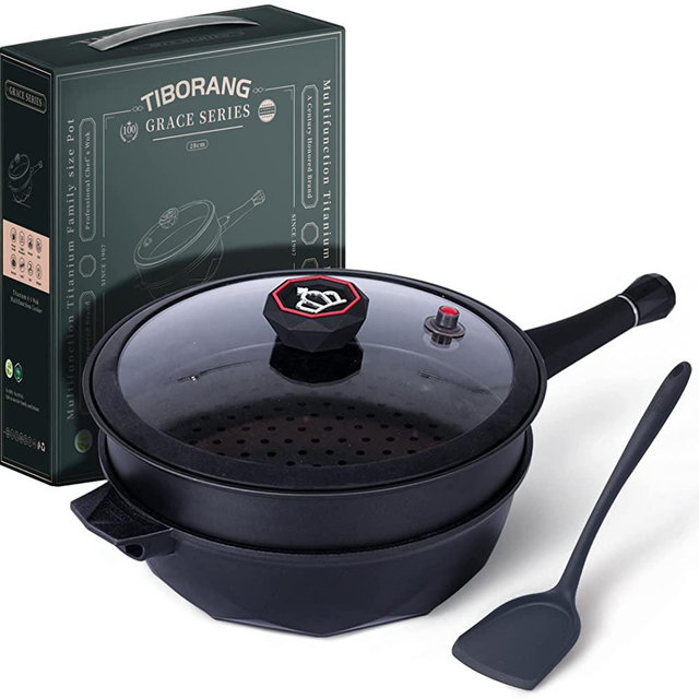 TIBORANG 7 in 1 Multipurpose Heat Indicator Deep Frying Pan with Lid, 5 Quart Nonstick Saute Pan with7-layer Coating,Deep Skillet with Cover, Stay-cool Handle, Steamed Grid, PFOA-Free, 11 Inch (Black)