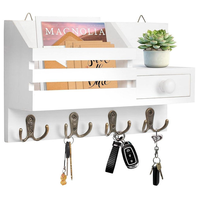 HOMEBROS Key Mail Holder for Wall, White Wooden Key Mail Organizer with Drawer Wall Mount Key Rack with Shelf and 8 Hooks for Entryway Doorway Hallway 2 Installation Methods