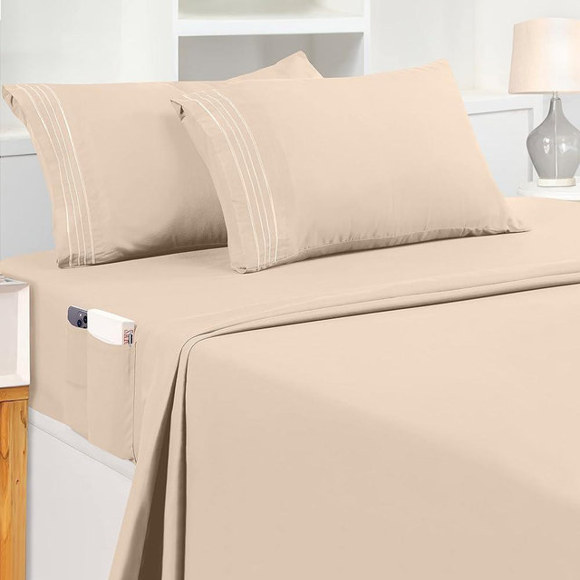 Utopia Bedding King Sheet Set – Soft Microfiber 4 Piece Hotel Luxury Bed Sheets with Deep Pockets - Embroidered Pillow Cases - Side Storage Pocket Fitted Sheet - Flat Sheet (Beige)