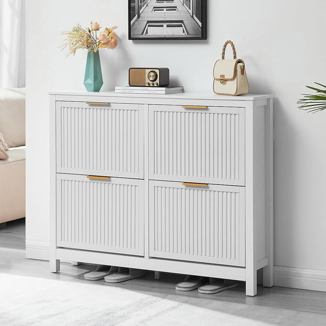 VIPLUMI 4 Flip Drawers Shoe Cabinet Storage for Entryway, Narrow Hidden Wood Shoes Organizer Cabinet Front Door Entrance Thin Free Standing Front Door Shoe Rack Storage for Entryway(White)