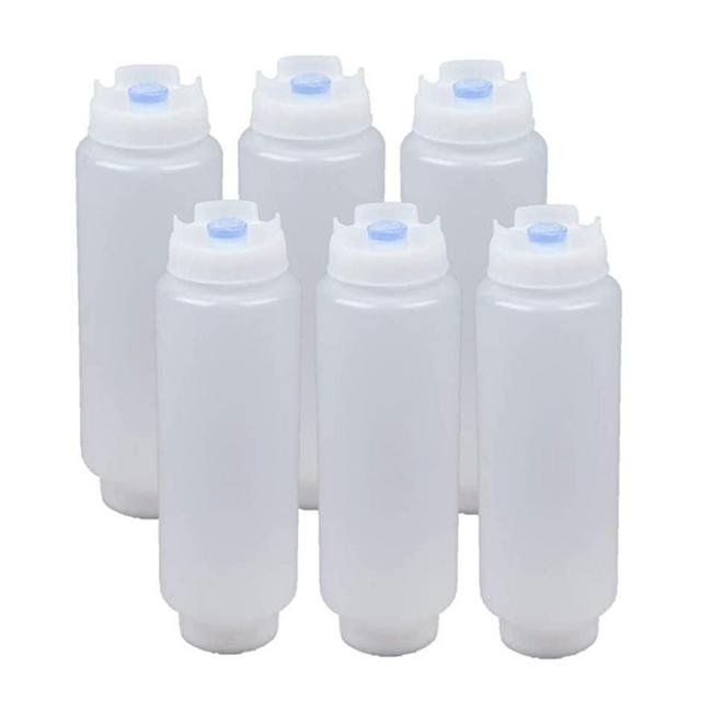 FIFO Squeeze Bottle Refillable 16 oz | Blue Tip Large Valve Dispenser for Thick Condiments, Sauces, Batter and Dressing | Self Sealing No Drip No Hassle | (6 Pack)