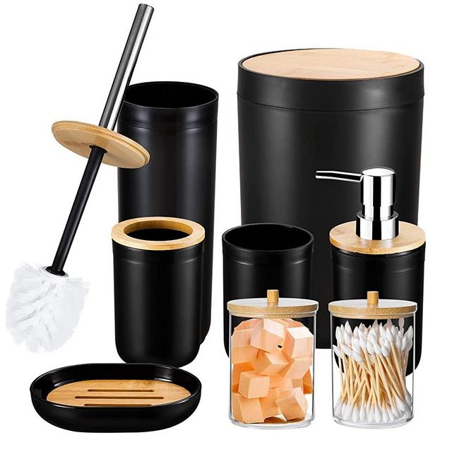 SLDIYWOW 8 Pieces Black Bathroom Accessories Set, Plastic Bathroom Set with Lotion Bottles, Toothbrush Holder, Toothbrush Cup, Soap Dish, Toilet Brush, Trash Can and Cotton Swab Storage Box (Black)