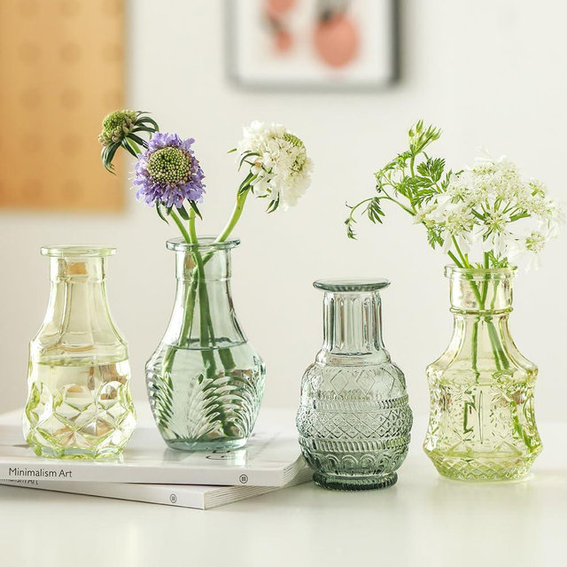 Mini Glass Bud Vases Set of 4,Small Flower Vases for Wedding Centerpiece Table Decorations,Yellow Green and Blue Vintage Embossed Mini Vases,Flower Arrangements in Vases for Party or Home Decor