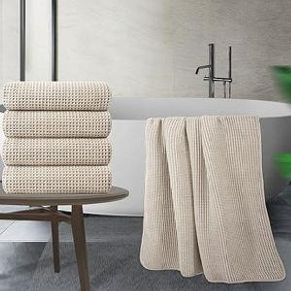 POLYTE Microfiber Oversize Quick Dry Lint Free Bath Towel, 60 x 30 in, 4 Pack (Beige, Waffle Weave)