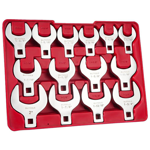 BILITOOLS 14-Piece Jumbo Crows Foot Wrench Set, 1/2" Drive Big Crowfoot Wrench, SAE, 1-1/16" - 2" mm, CR-V Steel
