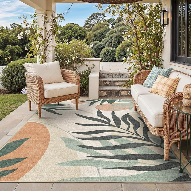 GENIMO Outdoor & Indoor Area Rug 4'x6', Waterproof, Non-Shedding, Easy Cleaning, Leaf Mat for Patio, Living Room, Balcony, Dining Room, RV, Deck, Bedroom, Camping, Outside Carpet, Beige Grey