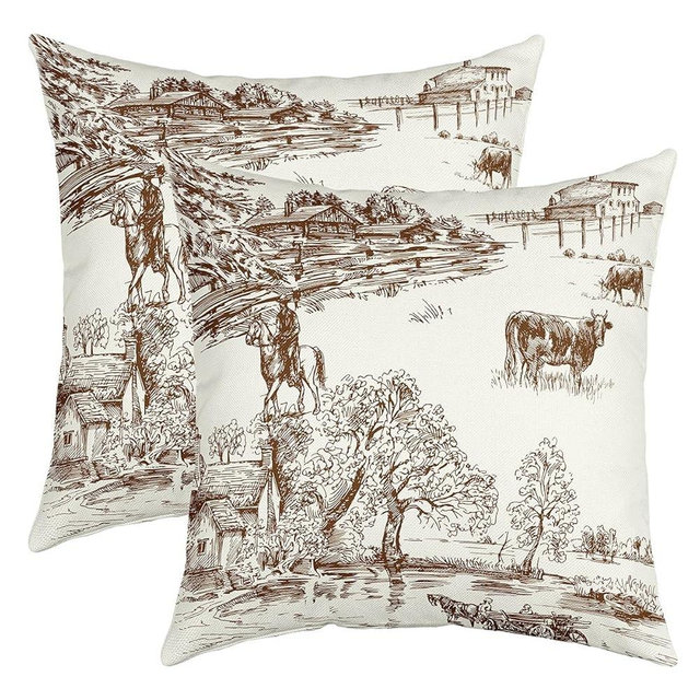 Set of 2 Farmhouse Western Throw Pillow Covers 20x20 Inch Cowboy Pillow Covers Vintage Country Wild Western Cowboy Riding Horses Cushion Covers For Boys Young Desert Cow Decorative Pillow Covers