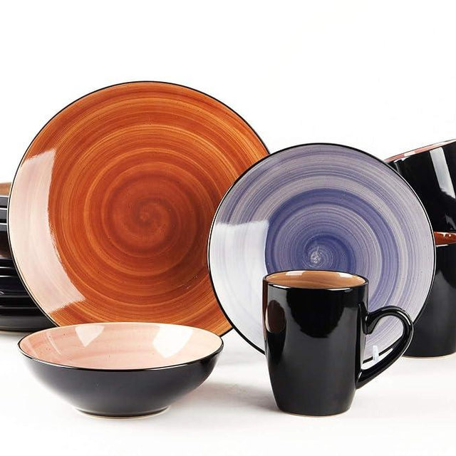 HomeVss, Sonoma 16pc Stoneware Dinnerware Set, Outside Black + Inside Hand Painting Combi Colors of Cobalt, Mocha, Rose and Spice with Speckle