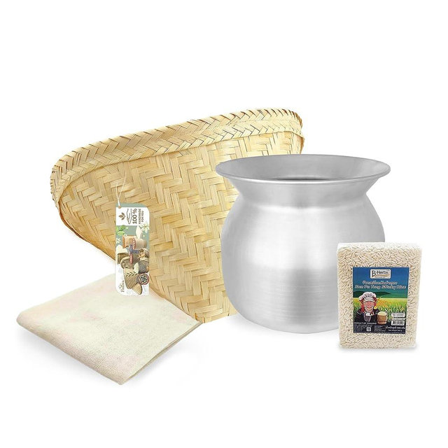 PANWA Sticky Rice Essential Starter Set - Includes Steamer Pot, Handcrafted Bamboo Wing Basket, 24” Grade 90 Cheesecloth, & 500 g. Sanpatong Sticky Rice
