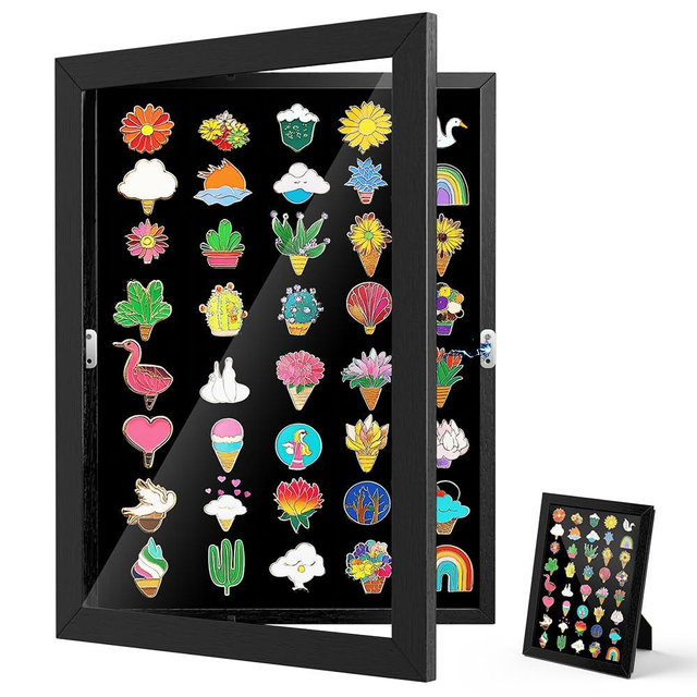Moryimi Enamel Pin Display Case, 13" X 9.5" Pin Display Board for Enamel Pins, Black Pin Collection Display for Wall and Tabletop Display, Wall Hanging Pin Holder Display Shadow Box for Pins