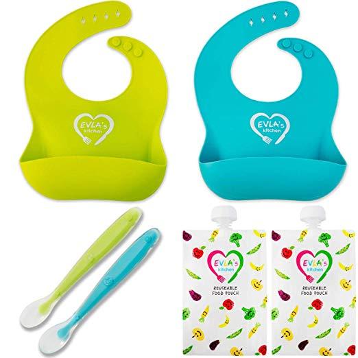 Silicone Bibs for Babies | Adjustable Waterproof Baby Bib Easy Clean | Soft Baby Spoons Promotes Baby Led Weaning & Self Feeding | Bonus Baby Spoon & Food...