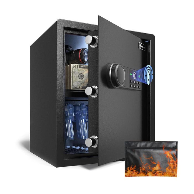 XDeer Biometric Safe Box with Fireproof Bag, Quick-Access Security Safe Box with Upgraded Fingerprint, Steel Handgun Safe Lock Box for Kid/Home/Office 1PCS (1.69 Cu.Ft+ Bag)