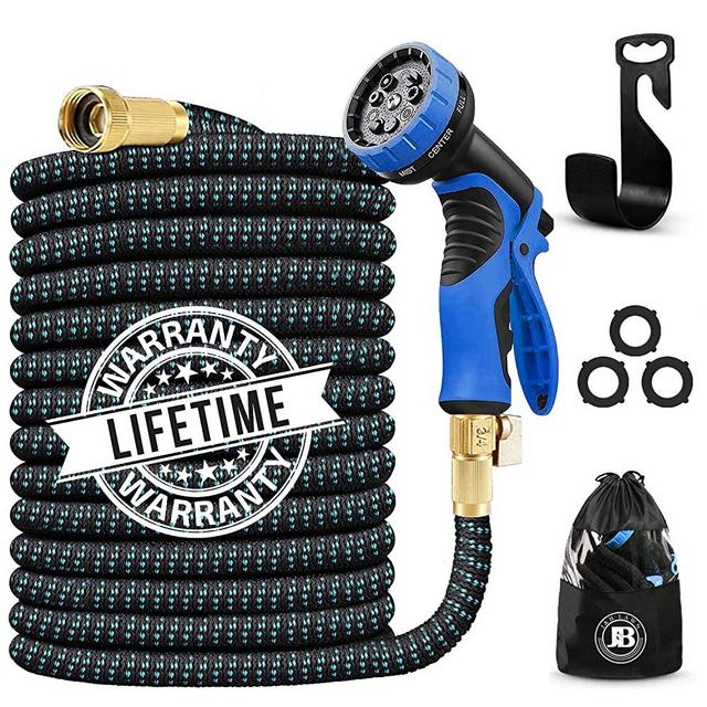 J&B XpandaHose 75ft Expandable Garden Hose with Holder - Heavy Duty Superior Strength 3750D - 4 -Layer Latex Core - Extra Strong Brass Connectors and 10 Spray Nozzle w/Storage Bag (Blue 75)