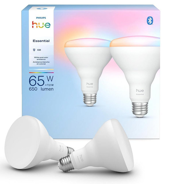Philips Hue Essential Smart LED BR30 Bulb 2-Pack, White and Color Ambiance, E26, 7.2W, 2200K-6500K, 650 Lumens, Dimmable, Works with Alexa, Google Assistant, Apple Home