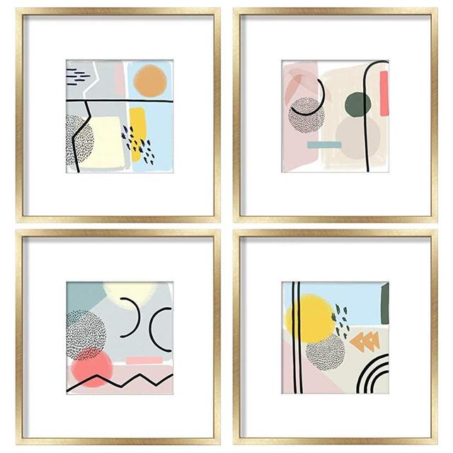 ArtbyHannah 12 x 12 Inch 4 Pack Gold Picture Frame Collage Set For Wall Art Decor with Modern Geometric Abstract Wall Art Print Artwork with Mat for Nursery Room Or Home Decoration