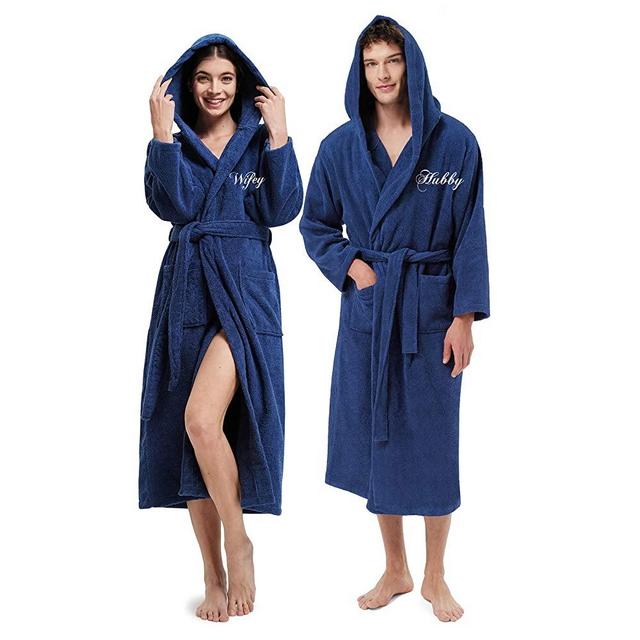 AW BRIDAL Terry Cloth Robe Hooded Bathrobes Turkish Cotton Towel Robe Lightweight with Embroidery for Men Women
