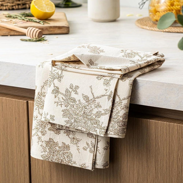 YZJZEDS 100% Cotton French Pastoral Kitchen Towels Set of 2, Decorative Flour Sack Tea Towels with Hanging Loop 18x25 Inch Absorbent Dish Cloths Farmhouse Home Decor, Brown