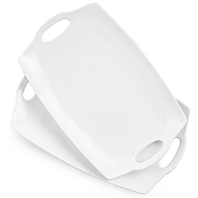 Serving Tray With Handles Large Rectangle Serving Platter For Entertainment, Party, Display, 16 inch Porcelain Platters, Set of 2, White