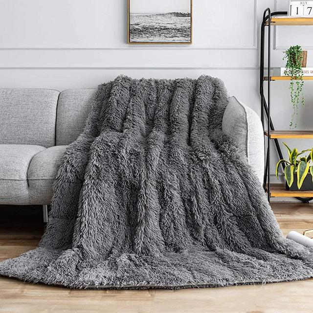 Uttermara Faux Fur Weighted Blanket 15lbs, Super Soft Plush Fleece and Cozy Sherpa Reverse, Shaggy Long Fur Throw Blankets 48"x72" Grey