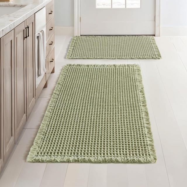 MIULEE Set of 2 Waffle Bathroom Rugs, Boho Bath Rugs Non Slip Washable, Super Absorbent Bath Mats, Ultra Soft Rubber Backed Shower Mats for Bathroom Floor, Tub, Sage Green, 17"x24"+18"x30"