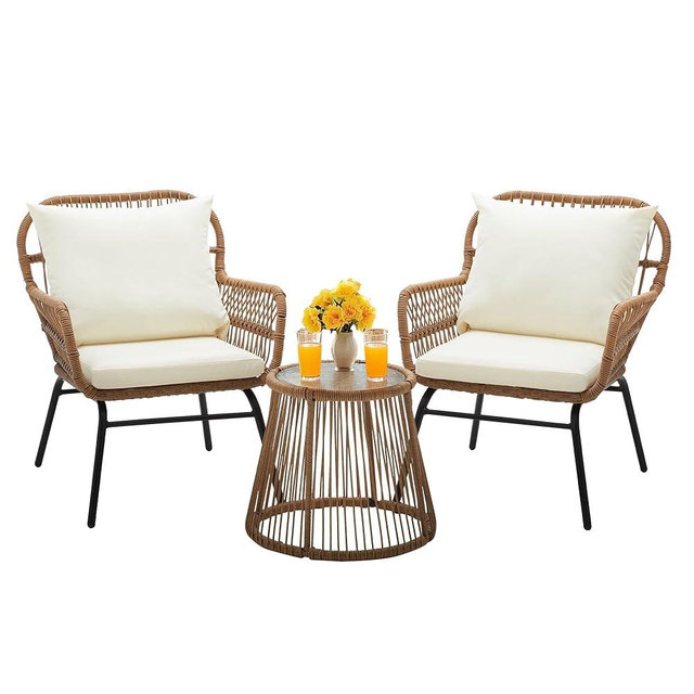 Bezseller 3-Piece Outdoor Patio Set - 20" Wide Seating w/ 2" Thick Cushions, 14.2" Seat Height - Modern Boho Furniture for Gardens, Balcony & Apartments