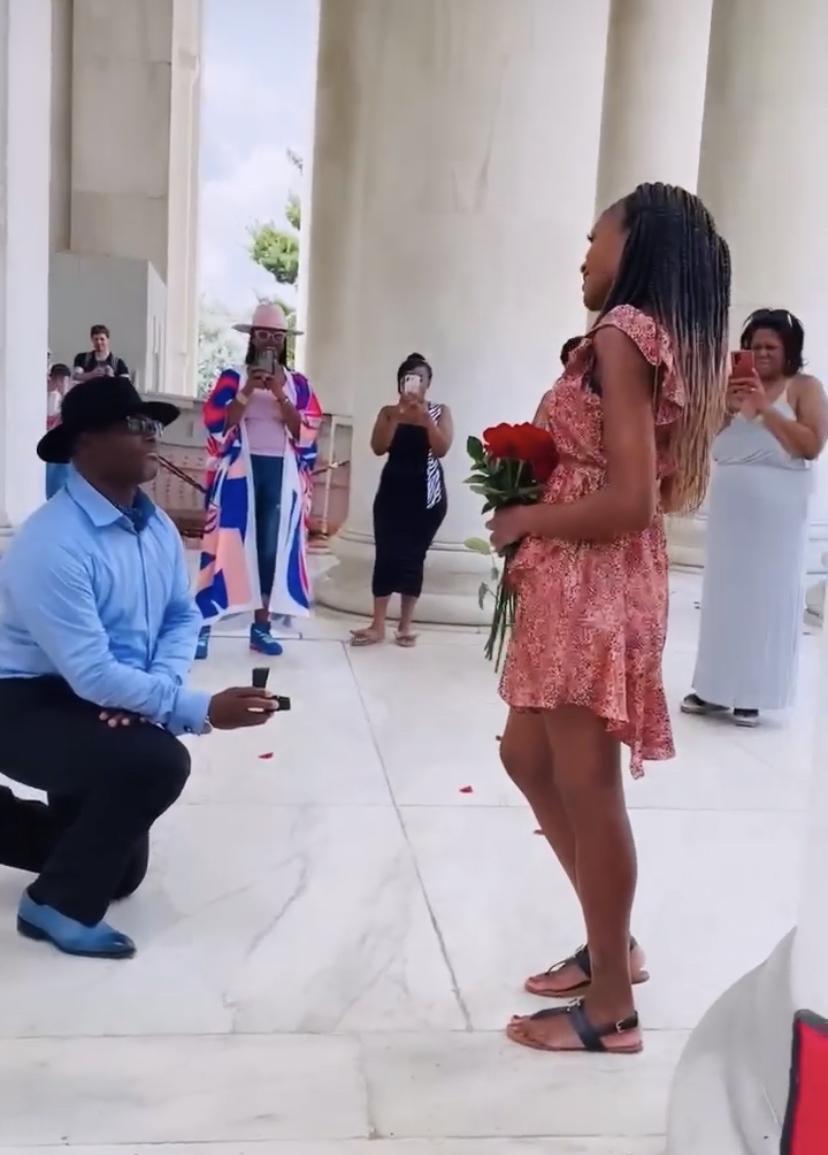 Cedric proposed to Monica at the Jefferson Memorial on 8.28.22. This memorial is one of her favorite places to visit and reflect. Our daughter, Justice, helped to pull off an amazing proposal!