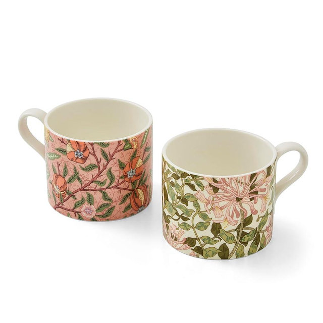 Spode Morris & Co Porcelain Mugs, Set of 2 - 12oz Microwave and Dishwasher Safe Tea & Coffee Cups for Kitchen Countertop or Home Brew Coffee Station, Great Gift for Mothers (Fruit & Honeysuckle)