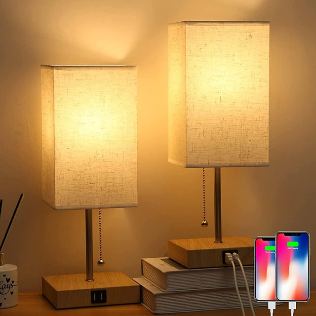 Zavjyet Bedside Table Lamp, Modern Design Desk Lamp with 2 USB Charging Ports & AC Outlet, Beige Fabric Shade Ambient Nightstand Light Perfect for Bedroom, Living Room, Study Room, Office, Orange
