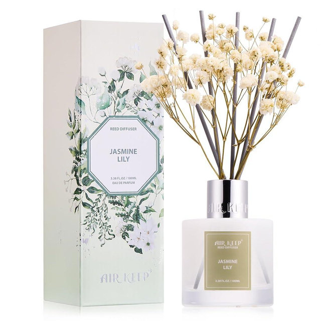 Airkeep Reed Diffuser Set, 3.38 fl oz (100 ml) - Jasmine Lily Lemon Oil Diffusers with 8 Reed Sticks, Home Fragrance Reed Diffuser for Bathroom Shelf Decor
