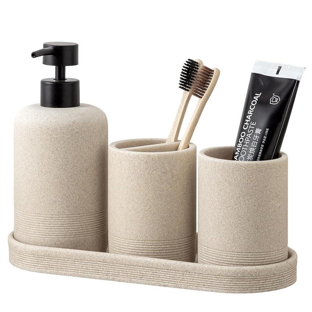 Haocoott Bathroom Accessories Set, 6 PCS Modern Bathroom Accessory Set with 13.5 OZ Soap Dispenser, Toothbrush Holder, Vanity Tray, Tumbler, 2 PCS Qtip Holders (Beige 4PCS)