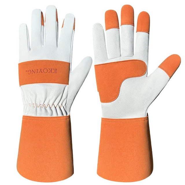 KKOYING Gardening Gloves, Long Thorn Proof Garden Gloves for Women and Men, Goatskin Breathable Leather Work Gloves for Gardening, Pruning, Yard Work, Brown, S