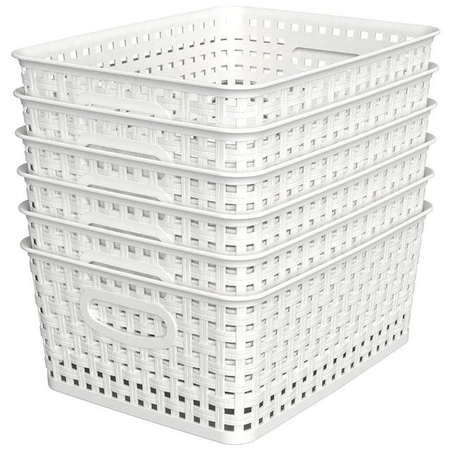 Woven Plastic Storage Baskets, 6 Pack White Weave Bins Organizer, 10.1" x 7.55" x 4.1"