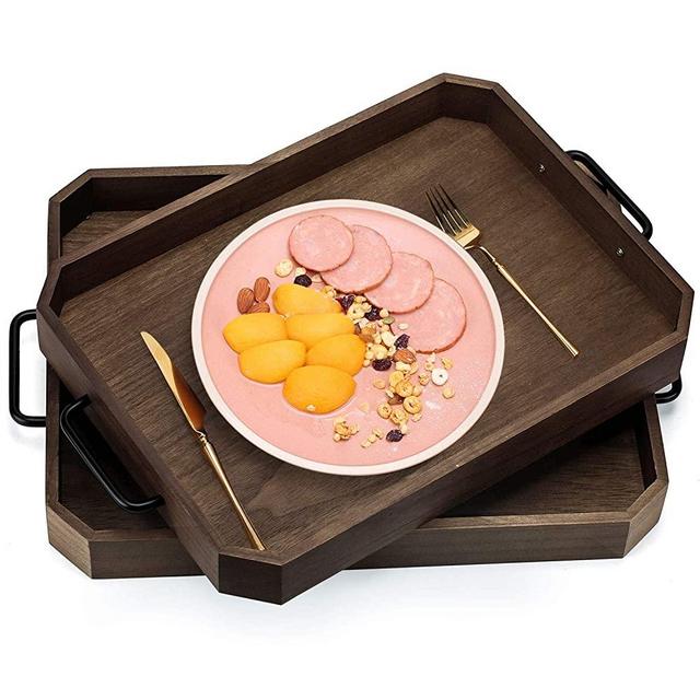 PR PeakRous Wood Serving Trays, 17inch Set of 2 Large Serving Trays with Handles for Parties Rectangle Breakfast Tray for Eating Food on Bed Chair Coffee Table Ottoman Tray for Living Room Bathroom