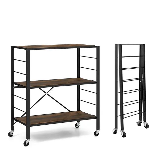 Tangkula 3-Tier Folding Shelf Free DIY Design Shelving Unit w/ 4 Universal Wheels Kitchen