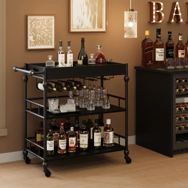 Bar Cart, Bar Carts for the Home, 3 Tier Serving Cart with Wheels, Metal Cart with Wine Rack & Removable Tray for Kitchen, Dining Room-Black