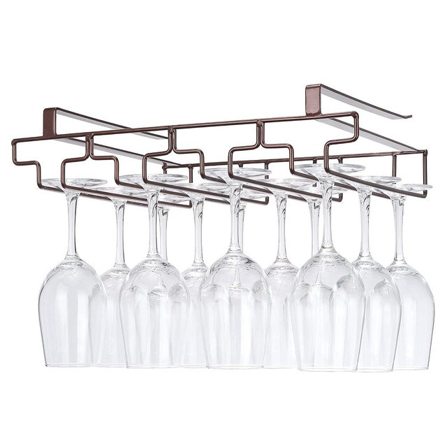 Wine Glass Rack Under Cabinet Drilling Free No Screw Steamware Holder Under Shelf Metal Wine Glasses Holders 304 Stainless Steel Hanger Storage Organizer Hanging Glass Fit for Bar Kitchen 4 Rows Brown