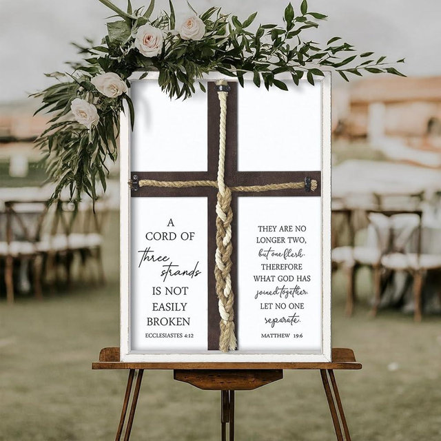 SRSZHIYUE A Cord of Three Strands Wedding Ceremony Unity Sign Wall Decor 15"X10" Ecclesiastes 4 12 Braid Cross Art Christian Marriage (White)